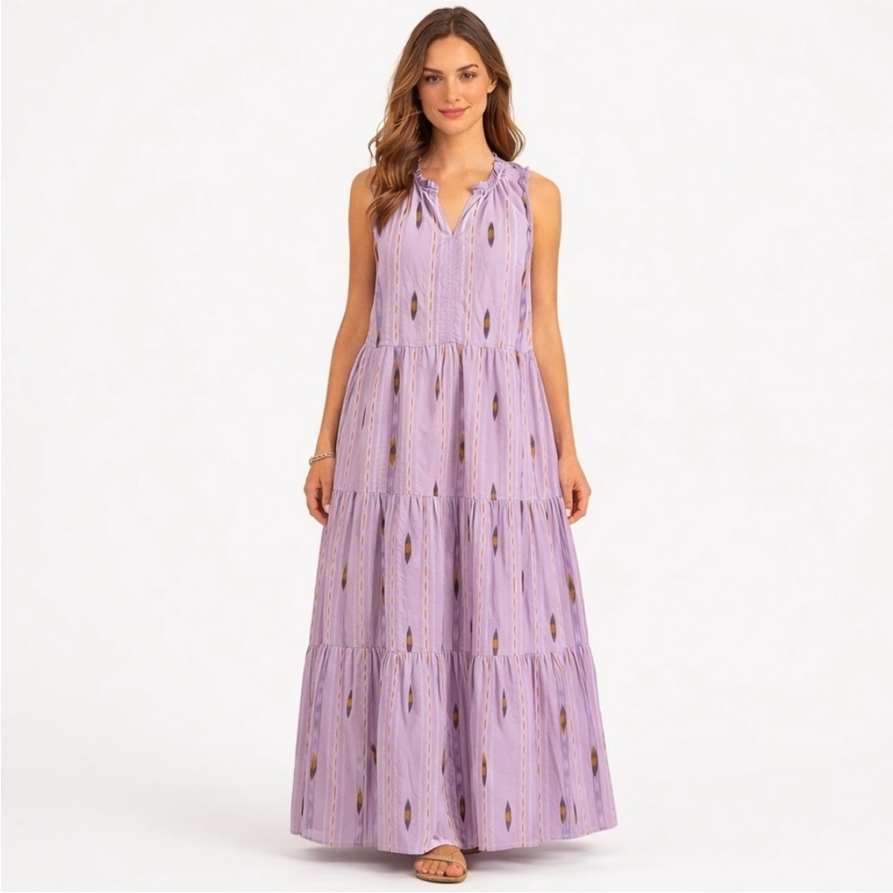 NWT Sonoma Lavender Ikat Tiered Maxi Dress Womens L